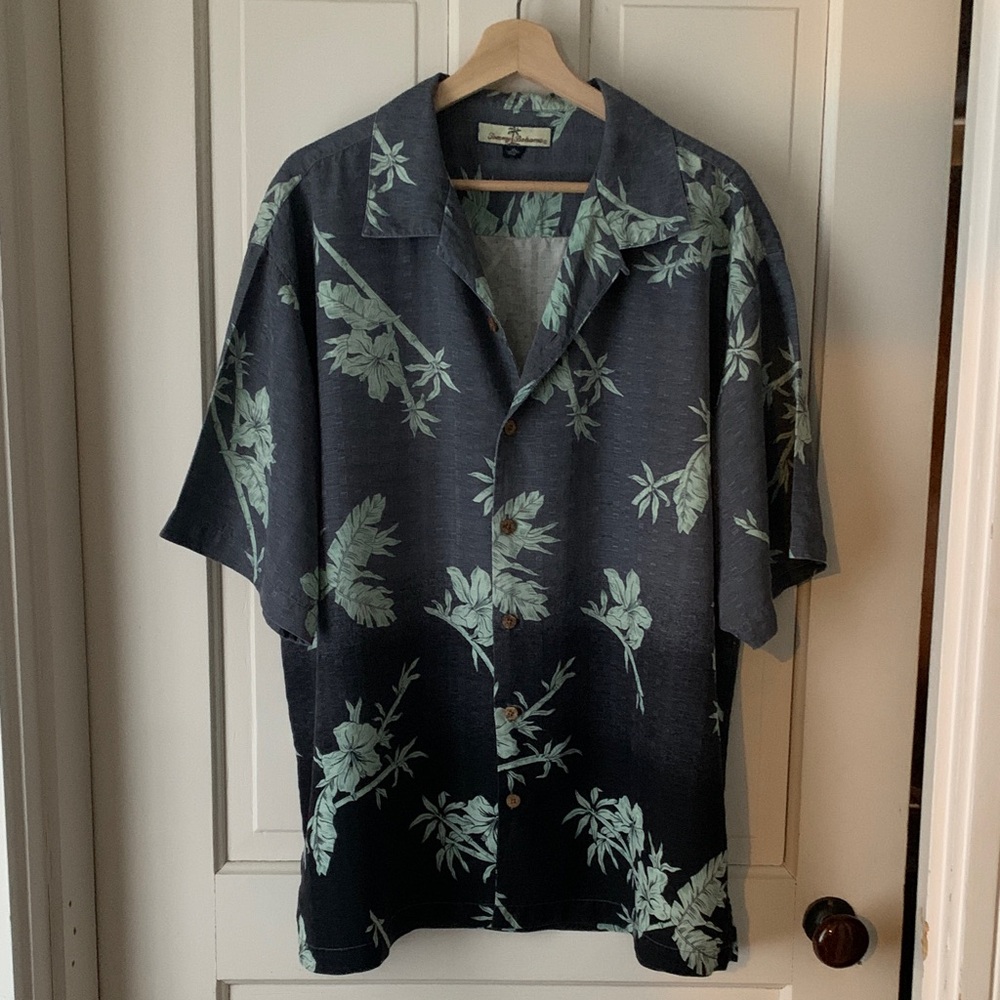 Tommy Bahama Silk Dark Gray and Light Green Leaf Shirt